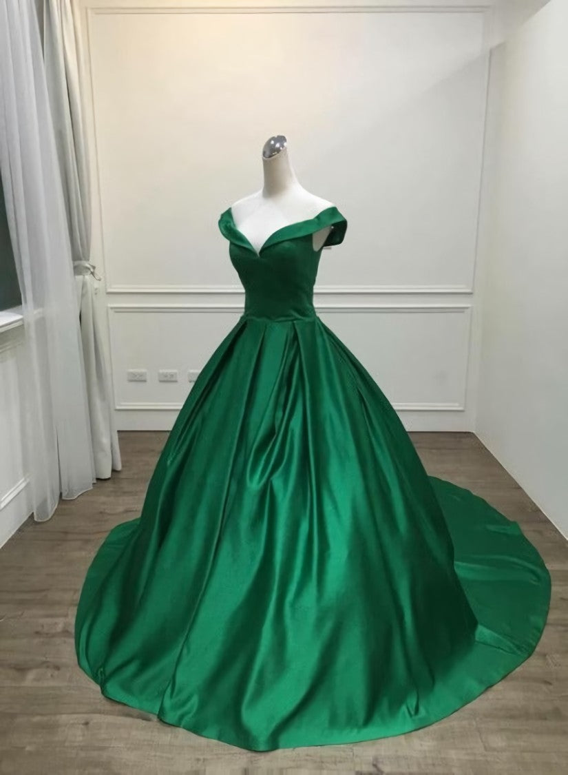 Dark Green Satin Ball Gown Long Evening Dress Prom Dress, Green Formal Dresses