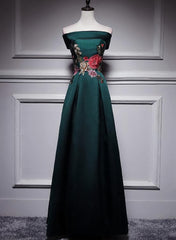 Dark Green Satin Off Shoulder Floor Length Satin Party Dress, Green Prom Dress Formal Dress