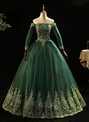 Dark Green Sleeves with Gold Lace Sweet 16 Dress, Dark Green Long Formal Dress