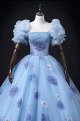 Floral Tulle Long Prom Dress, Blue Short Sleeve Evening Dress