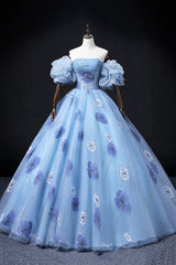 Floral Tulle Long Prom Dress, Blue Short Sleeve Evening Dress