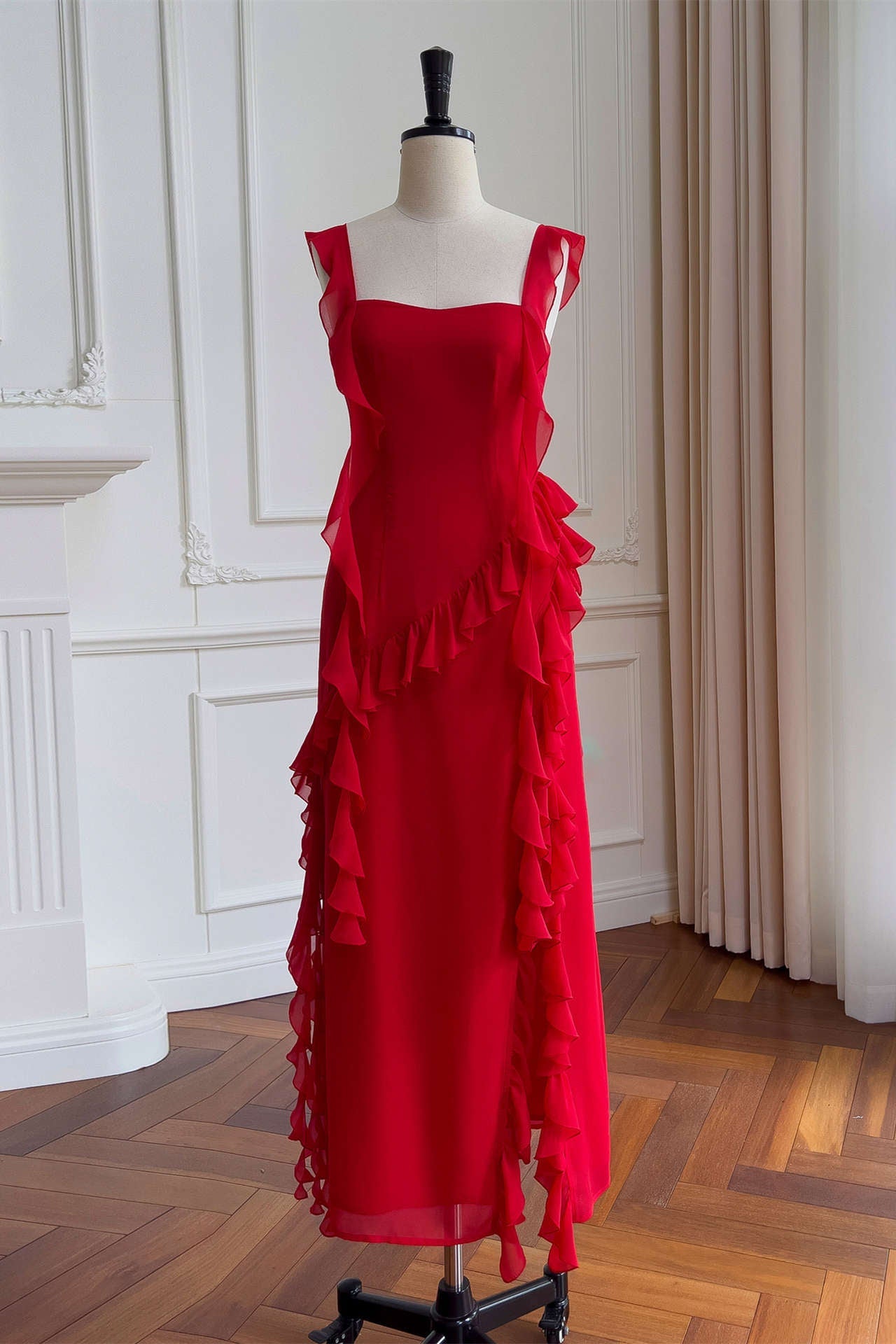 Square Neck Red Ruffle Chiffon Long Party Dress