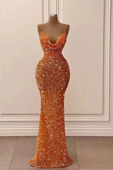 Glamorous Long Mermaid Spaghetti Straps Sequined Formal Prom Dresses