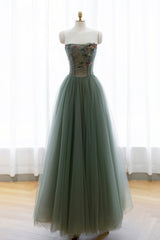 Gray Green Tulle Beaded Long Prom Dress, A-Line Evening Dress
