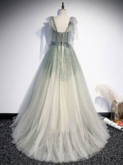 Gray Green Tulle Sequin Beads Long Prom Dress, Green Evening Dress