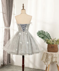 Gray Sweetheart Lace Tulle Short Prom Dress Gray Homecoming Dress