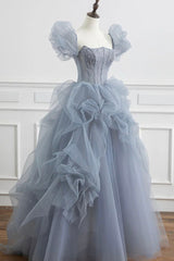 Gray Tulle Long A-Line Prom Dress, Gray Short Sleeve Evening Dress