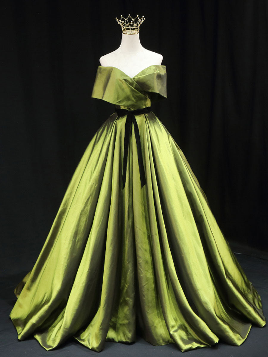 Green A line Satin Long Prom Dress, Green Satin Formal Evening Dresses