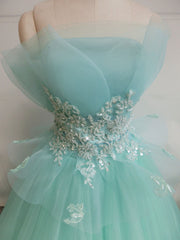 Green  A-Line Tulle Lace Long Prom Dress, Green Sweet 16 Dress