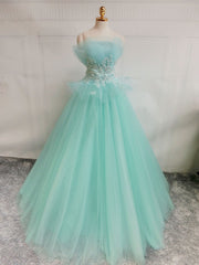 Green  A-Line Tulle Lace Long Prom Dress, Green Sweet 16 Dress