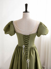 Green Puff Sleeves Satin Long Prom Dress, Green Long Formal Dresses