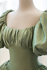 Green Satin Puff Sleeves Long Prom Dress, Green A-Line Formal Dress