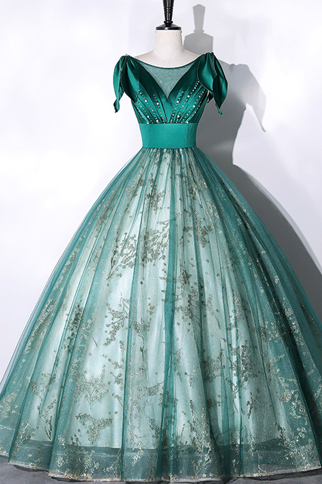 Green Satin Tulle Long Prom Dress, Elegant A-Line Formal Dress