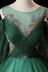 Green Scoop Neckline Tulle Formal Evening Dress, A-Line Long Sleeve Prom Dress