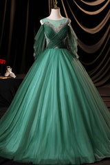 Green Scoop Neckline Tulle Formal Evening Dress, A-Line Long Sleeve Prom Dress