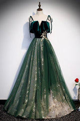 Green Tulle Long A-Line Prom Dress, Green Spaghetti Straps Graduation Dress