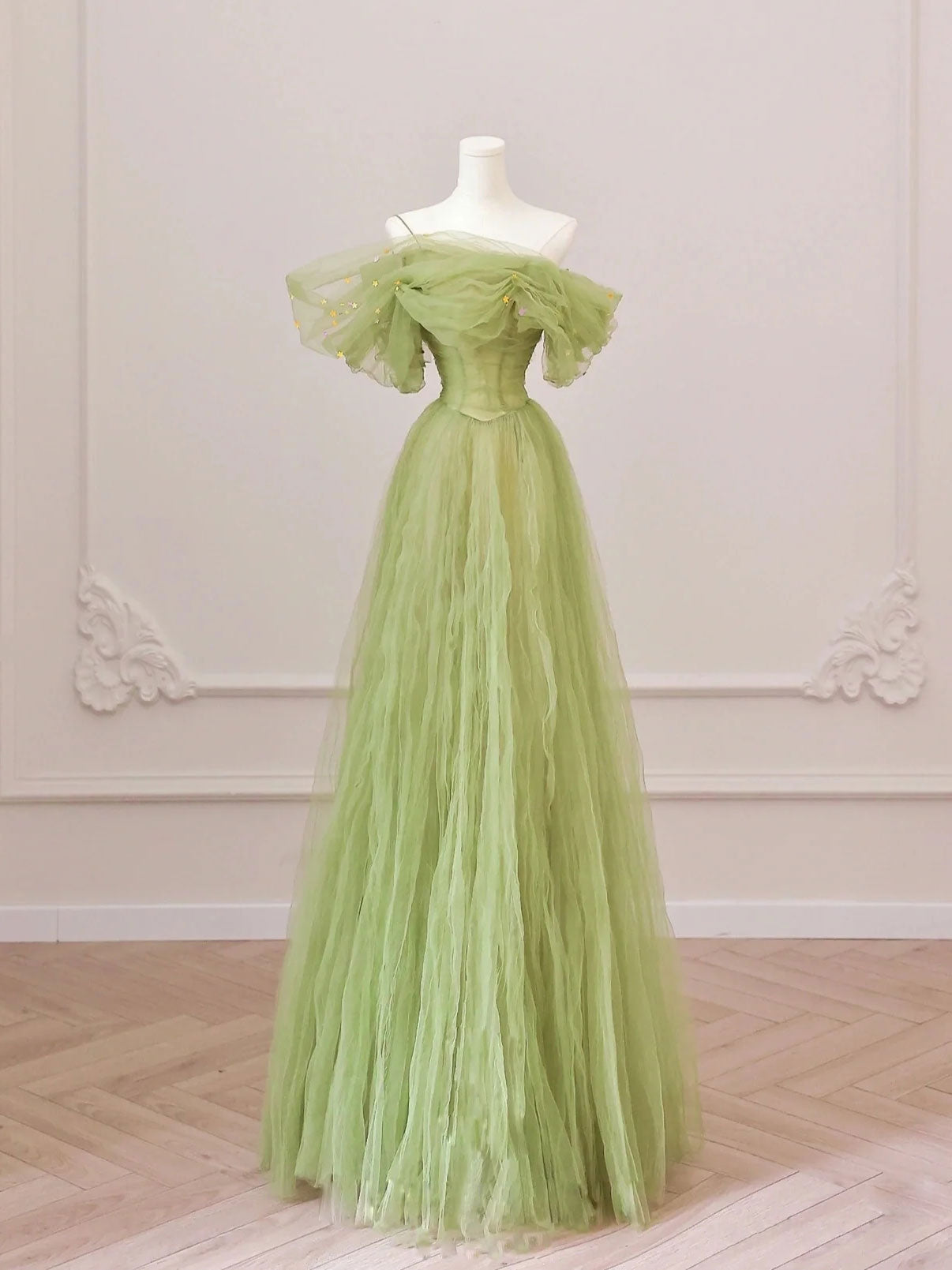 Green Tulle Off Shoulder Long Prom Dresses, Green Tulle Formal Evening Dress