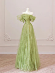 Green Tulle Off Shoulder Long Prom Dresses, Green Tulle Formal Evening Dress