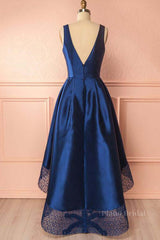 High Low V Neck Blue Satin Prom Dresses, Open Back Blue Formal Dresses, Blue Evening Dresses