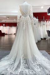 Ivory A-line Tulle Long Sleeves Lace Appliques Open Back Wedding Dresses