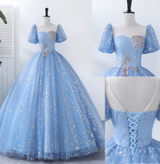 Light Blue Tulle Short Sleeves Long Formal Dress, Blue Sweet 16 Dress