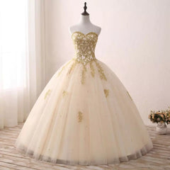 Light Champagne Ball Gown Party Dress, Sweet 16 dress with Gold Applique