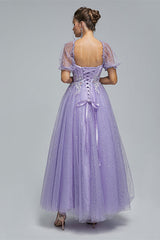 Dentelle violette légère et paillettes en tulle sur les robes de longueur du sol de l'épaule