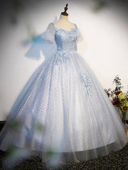 Blue Tulle Lace Long Prom Dress, Shiny A-Line Short Sleeve Evening Dress