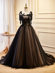 Black Tulle Lace Long Prom Dress, Black Evening Party Dress