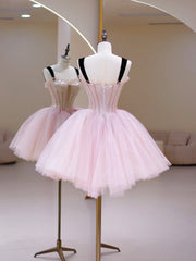 Pink Tulle Sequins Sweetheart Short Prom Dress, Pink Straps Party Dress