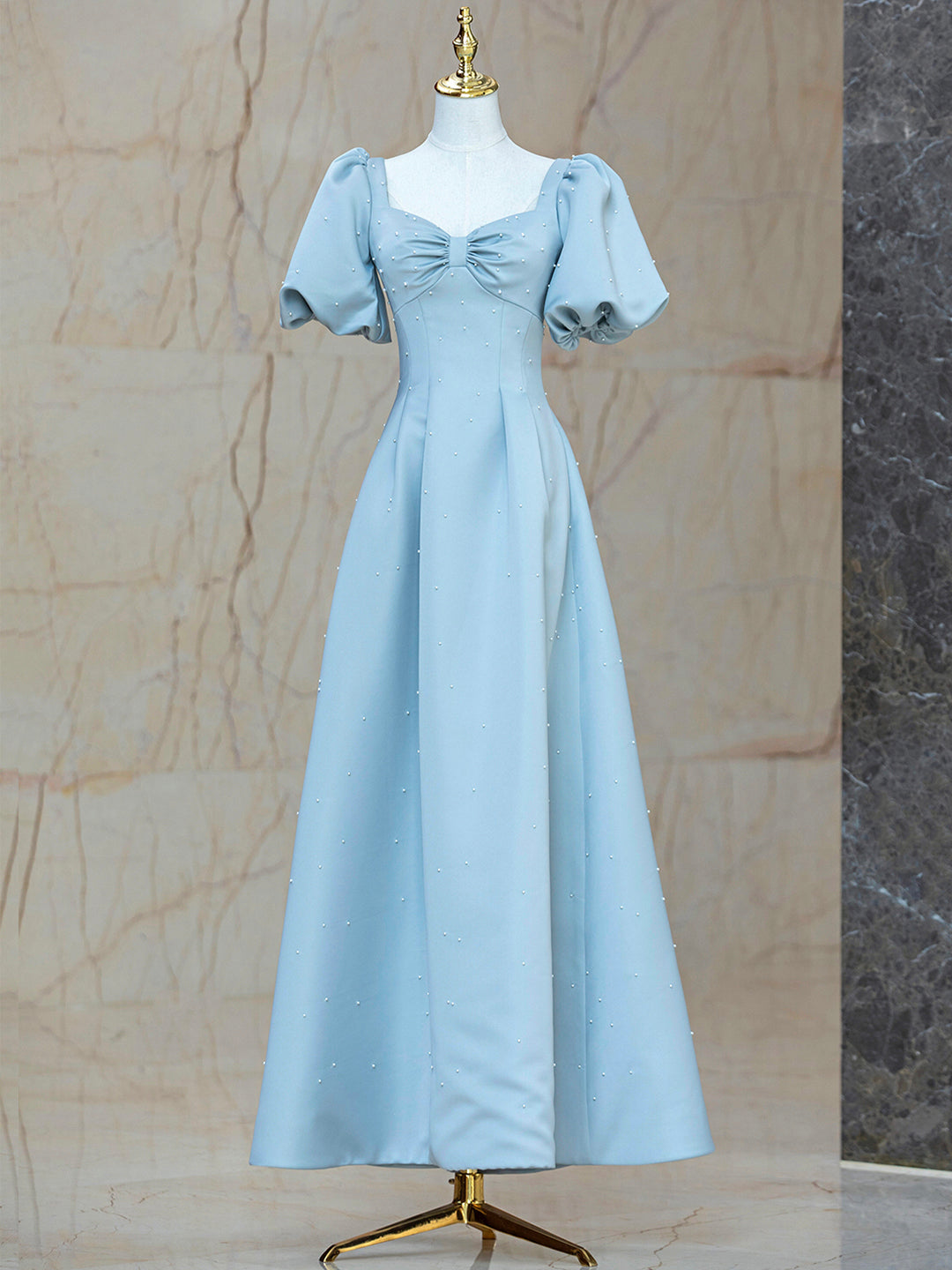 Blue Satin Pearl Long Prom Dress, A-Line Blue Evening Party Dress