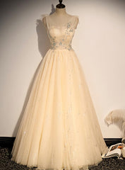 Lovely Champagne Sequins Long Party Dress, A-line Tulle Formal Dress