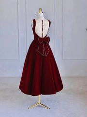 Burgundy Tea Length Velvet Prom Dress with Bowknot,  Burgundy Evening Party Dress