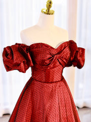 Burgundy Satin Polka Dot Tulle Prom Dress, Lovely Floor Length Short Sleeve Evening Dress