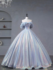 Blue Tulle Sequins Long Formal Dress, Off the Shoulder Princess Dress Sweet 16 Dress