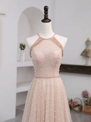 Pink Beaded Tulle Halter Long Formal Dress Evening Dress, Pink Long A-line Party Dress