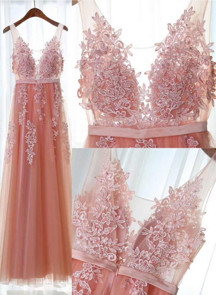 Pink Long New Prom Dress, Party Dress with Lace Applique