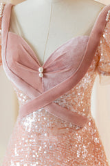 Pink Sequins Long Prom Dress, A-Line Short Sleeve Evening Dress