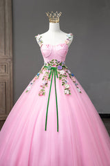 Pink Straps Tulle Sweetheart Ball Gown with Flowers, Pink Formal Dress Prom Dress