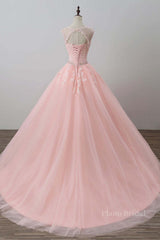 Pink tulle lace long prom dress, pink tulle evening dress