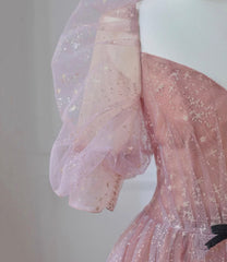 Pink Tulle Puffy Sleeves Long Prom Dress, Pink A-line Evening Dresses