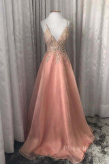 Pink v neck tulle beads long prom dress pink evening dress