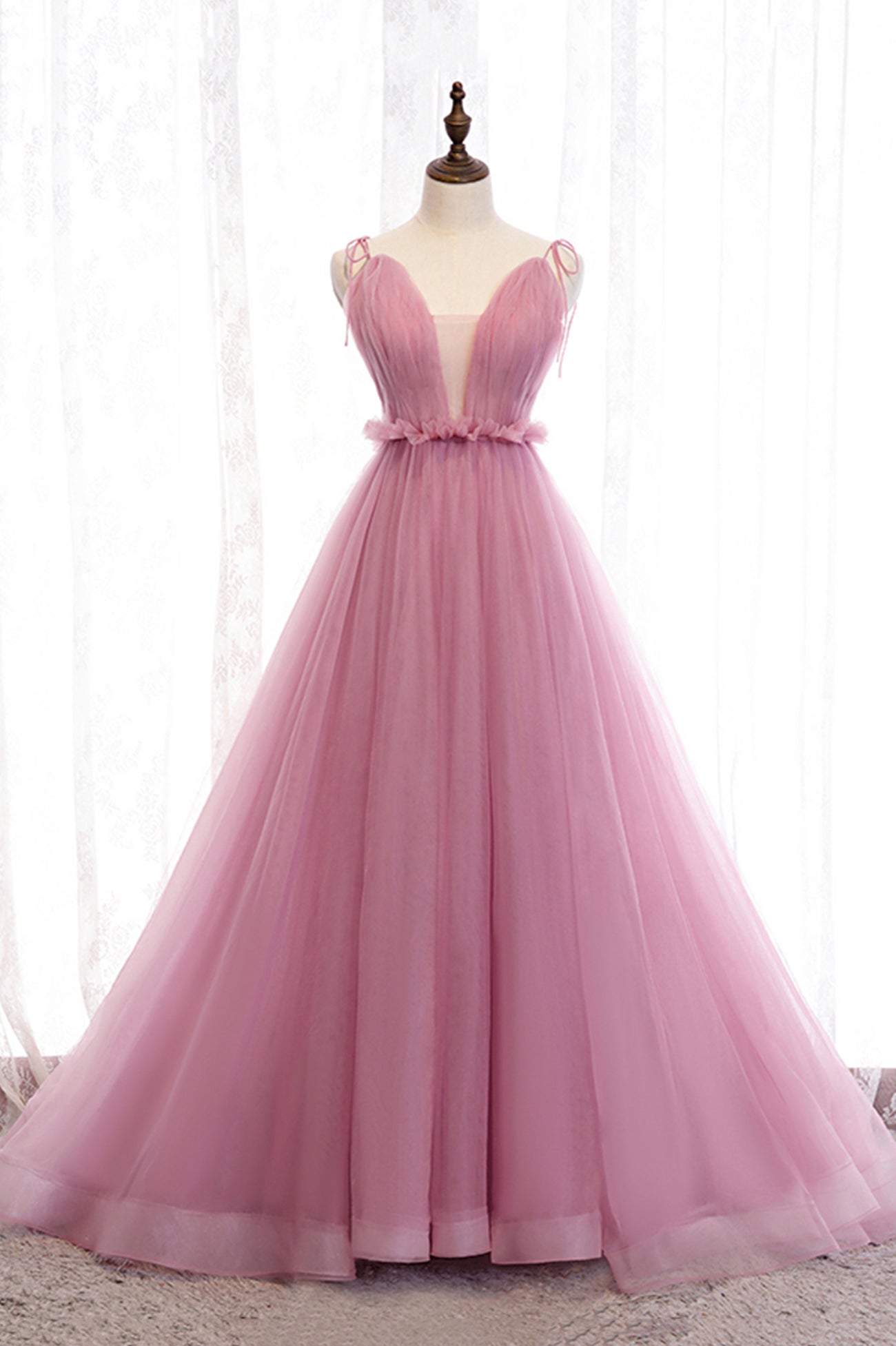 Pink V-Neck Tulle Long Prom Dress, A-Line Formal Evening Dress