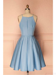 Sky Blue A Line Satin Blue Spaghetti Straps Short Prom Dresses