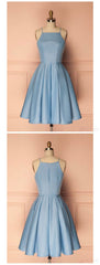 Sky Blue A Line Satin Blue Spaghetti Straps Short Prom Dresses