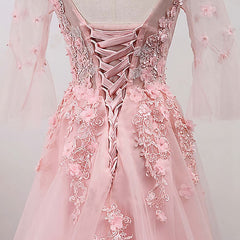 Pink Lace A Line Long Tulle Prom Dresses