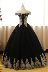 Black Appliques Long Black Prom Dresses