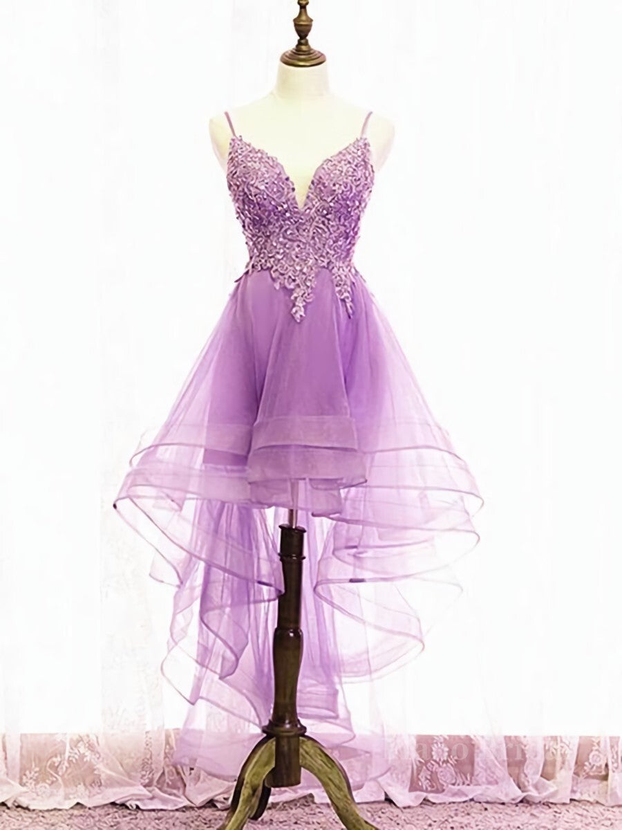 Purple High Low Lace Prom Dresses, Light Purple High Low Lace Formal H ...