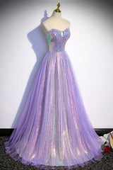 Purple Sequins Long A-Line Prom Dress, Purple Strapless Evening Graduation Dress