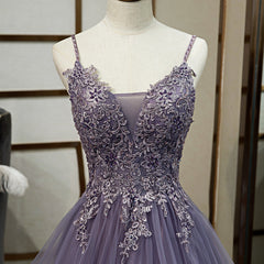 Purple Tulle Layers Long Formal Gown, Lace Applique Top Party Dress